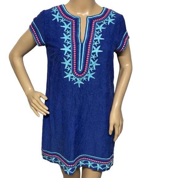 Vineyard Vines Blue 2 Starfish Embroidered Silk Blend Lined Tunic Shirt/Dress - Picture 2 of 11